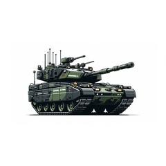An army battle tank with a cannon on tracks. Military paint. Comic illustration.