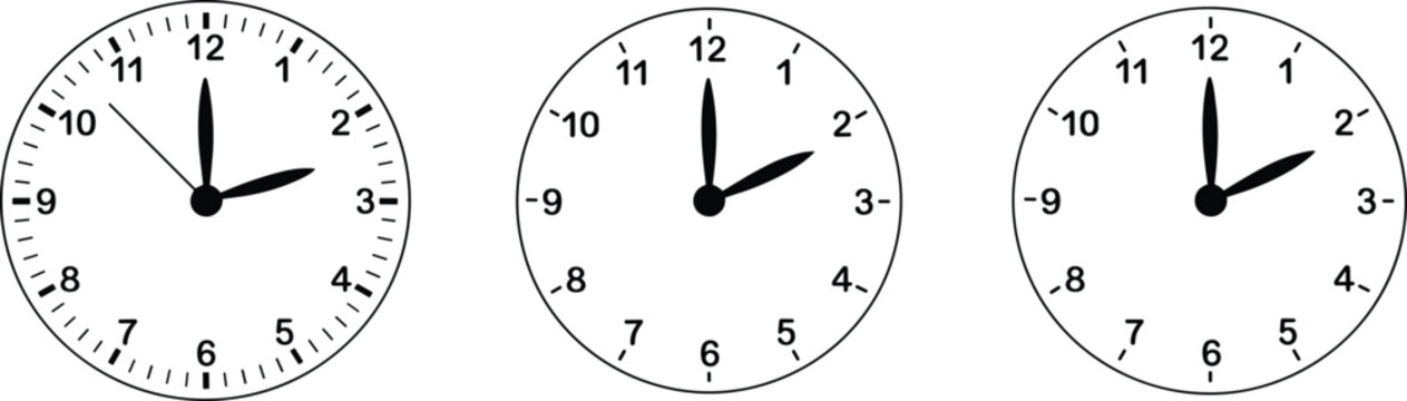 Analog wall clock set showing different times isolated on white background vector illustration