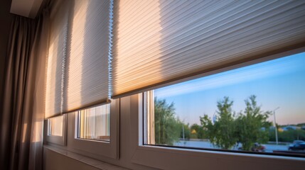 Modern pleated blinds on a window with warm sunlight shining through at sunset