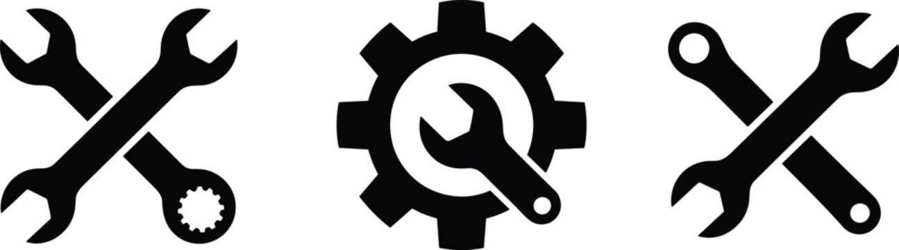 Black wrench and gear icons, mechanical tools symbols isolated on white background illustration