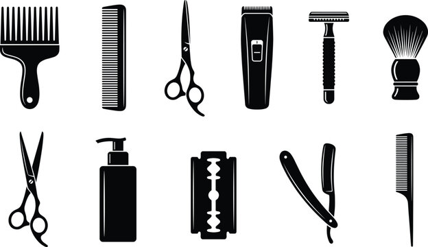 Black barber shop icons set with scissors hair clipper razor comb and shaving brush silhouettes isolated on white background for grooming salon design
