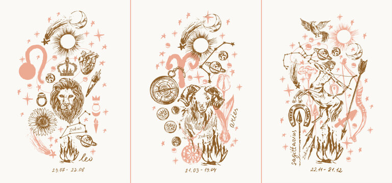 Hand drawn fire zodiac signs illustration set. Leo aries sagittarius. Horoscope background with astrology symbols and talismans.