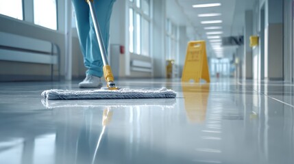 Professional worker mopping a shiny hospital hallway floor with a caution sign in the background