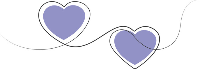 Two purple hearts connected by a continuous line art illustration symbolizing love connection and romantic relationships isolated on white