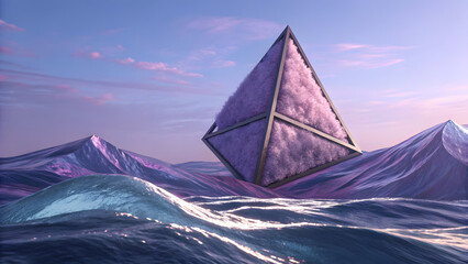 Abstract geometric diamond crystal floating over futuristic mountain landscape at sunset with soft purple glow
