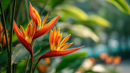 Obraz premium Vibrant Tropical Flowers with Bright Orange Petals and Lush Green Leaves