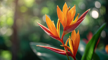 Vibrant Orange Heliconia Flower Blooming in Lush Green Background