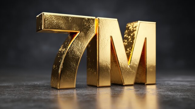 Large Polished Gold 7M Milestone Display in Dark Studio Setting Highlighting Achievement Recognition and Success in a Minimalistic Design