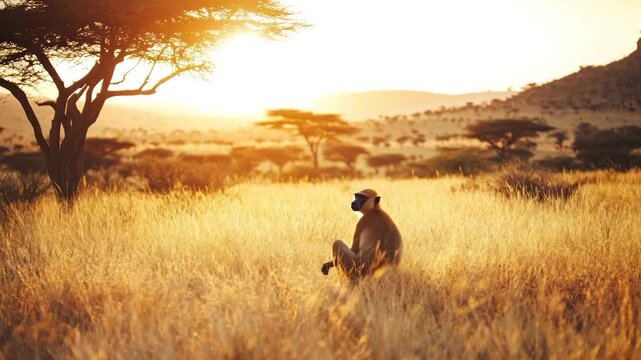 An African savanna scene, a monkey sits in tall, golden grass at sunset
