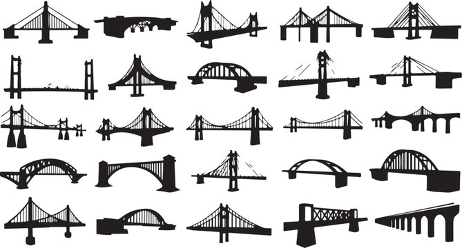 Various bridge silhouettes on white background for design and architecture