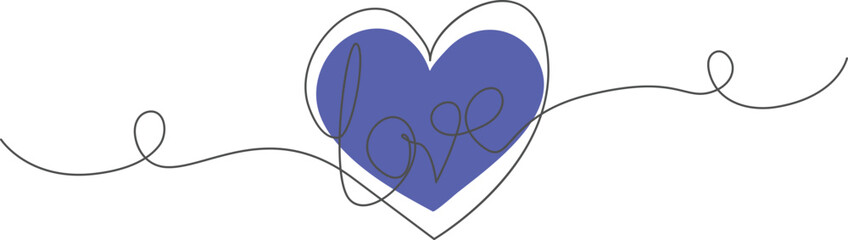 Minimalist blue heart with continuous line art and love text an elegant design element for romance connection and Valentines Day concepts isolated on white background