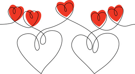 Minimalist continuous line art design featuring two large outline hearts connected by a single flowing line that forms smaller red hearts ideal for expressing love romance and unity for valentine 