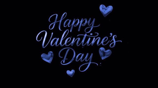 Blue cursive text 'Happy Valentine's Day' surrounded by small hearts on a black background with a white stripe at the bottom.