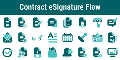 Contract eSignature flow process icons illustrating document preparation review approvals signing identity verification audit trail and completion workflow for digital agreements © Hito4i