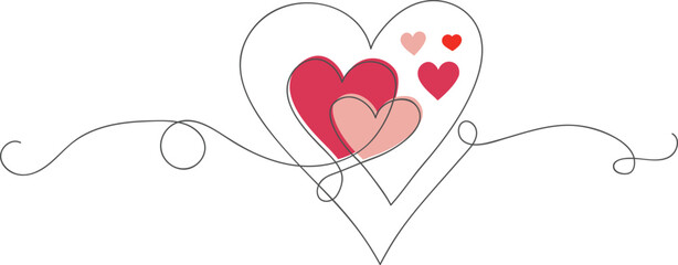 Continuous line art heart design with multiple pink and red hearts perfect for Valentines Day wedding invitations or romantic greeting cards