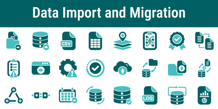 Icon set illustrating data import migration synchronization validation backup database transfer and system integration processes