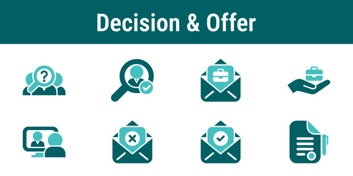 Hiring decision and offer icons illustrating approvals offer letter negotiation acceptance rejection and contract finalization in recruitment workflow