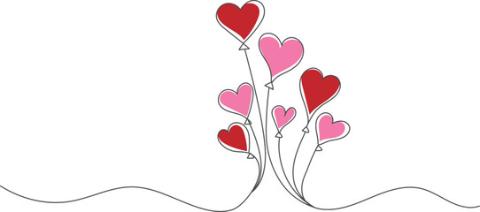 Continuous line art illustration of heart balloons in red and pink symbolizing love and celebration perfect for Valentines Day cards or romantic designs