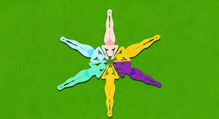 Obraz premium Six diverse women in colorful swimwear form a star shape on a green background