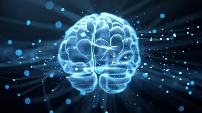 Glowing blue brain with radiant lines and dots on a dark background.