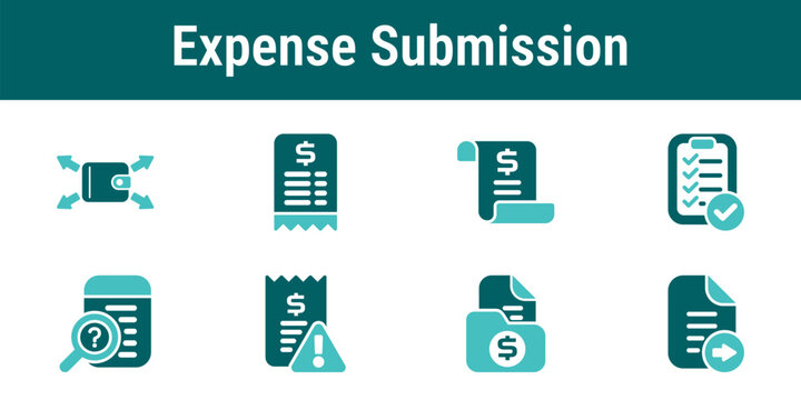 Expense submission icons representing receipts invoices expense reports validation warnings and financial documentation workflow