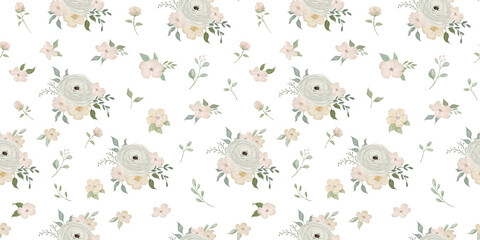 Beautiful seamless pattern, repeating romantic aquarelle motif with hand painted watercolour flowers with leaves for wallpaper, textile elegant cottagecore design for fabric © Elena