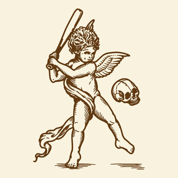 Cherub with Baseball Bat and Skull, Playful Yet Dark Illustration, Symbolizing Youthful Mischief and Mortality