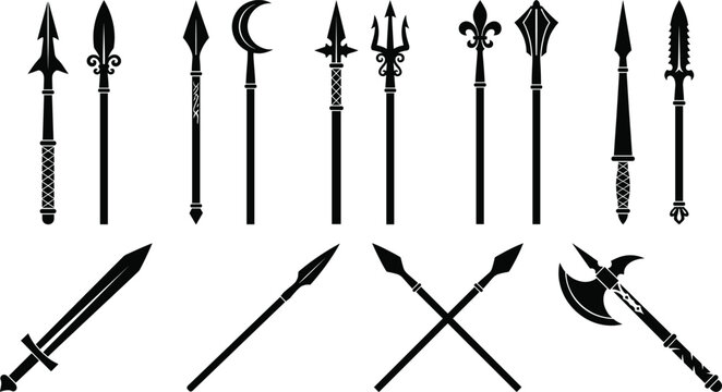 Medieval Fantasy Weapon Silhouettes Collection Featuring Ancient Spears Trident Battle Axe Mace Crescent Staff and Knight Swords Isolated on White Background for Game Design