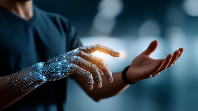A futuristic robotic hand with glowing circuits reaches forward, symbolizing the integration of advanced technology and human innovation. The background is blurred, emphasizing the cybernetic arm