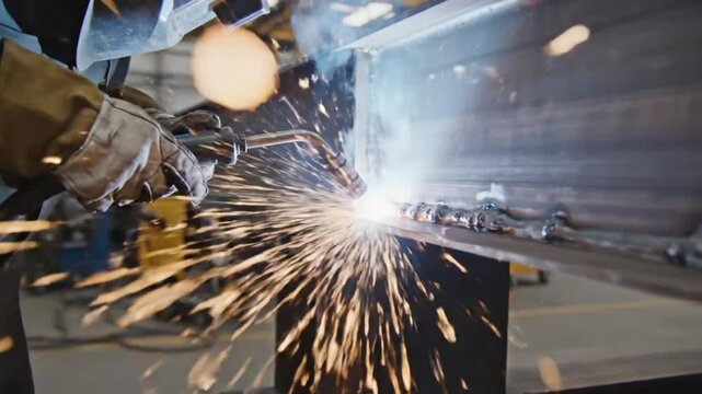 Industrial welder using a welding torch to join two pieces of steel, creating sparks in a metal workshop