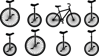 Vector Silhouette Set of Unicycles and a Mountain Bike Featuring Various Wheel Sizes and Saddle Designs for Circus Performers Outdoor Sports and Recreational Cycling Activities © MdMoksad