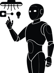 silhouette humanoid robot pointing at smart technology symbols for innovation vector design