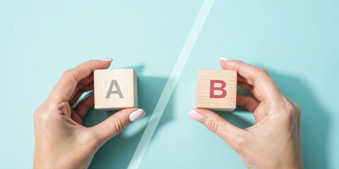 Decision making concept and strategic comparisons with hands holding wooden block labeled A and B separated by a white line on blue background.