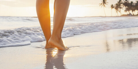 Freedom and relaxation concept with traveling by walking barefoot along the beach at sunset