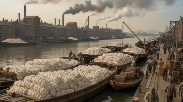 Caucasian Stevedores Unloading Cotton On Industrial River Dock