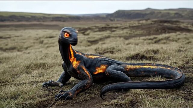 A magnificent,  large reptile rests on a grassy plain, showcasing intricate patterns and a striking color palette.