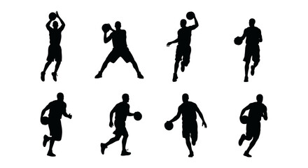 Silhouettes of basketball players in various action poses showcasing dynamic movement and athleticism high quality professional © Apon