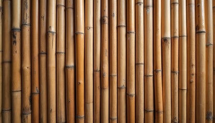 Naklejka premium Vertical bamboo stalks form a textured wall. Natural brown tones and grain show organic pattern. This renewable material creates a rustic Asian background.