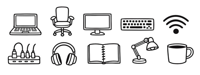 Home Office and Remote Work Doodle Icons - Workspace Technology and Essentials
