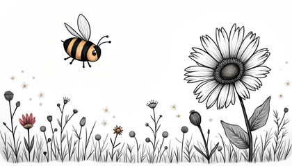 Naklejka premium Cute cartoon bee flies toward big daisy flower. Simple nature illustration with grass and plants. Great for kids books, coloring pages, and spring designs.
