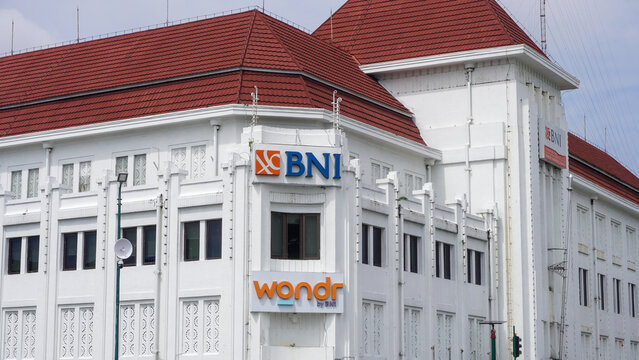 Bank BNI historical building at titik nol or zero point kilometer. The Zero Kilometer Point of Yogyakarta is the geographical and historical center of Yogyakarta City, located at the strategic interse