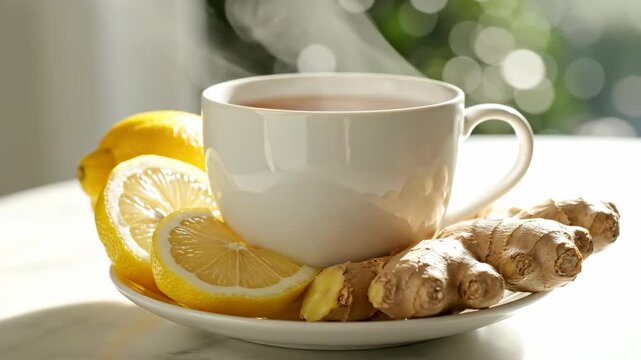 Hot herbal tea with fresh lemon slices and ginger root. Steaming cup of healthy detox drink for cold and flu relief. Natural immunity booster concept