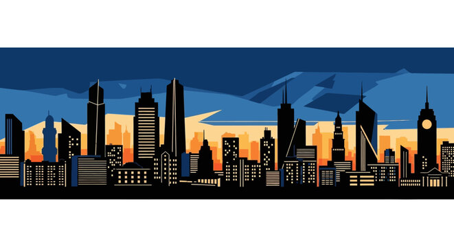 A striking silhouette of a modern city skyline at dusk, featuring numerous tall buildings against a vibrant gradient sky.