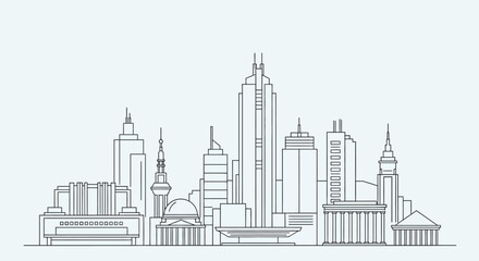 Fototapeta premium Minimalist line art illustration of a modern city skyline with various architectural styles and tall buildings.
