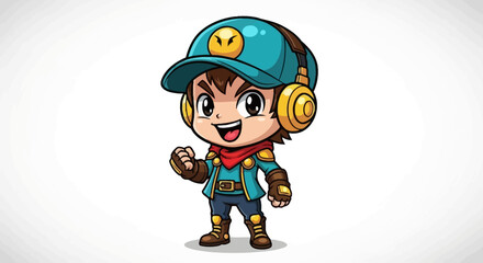 A happy cartoon boy character wearing a blue cap and headphones, clenching his fist in a dynamic pose, ready for adventure.