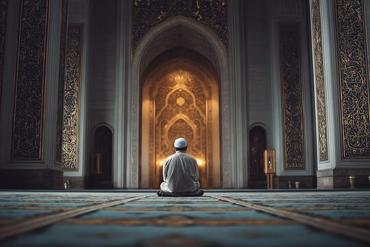 Muslim man praying inside grand masjid with ornate architecture and dramatic light