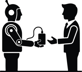 silhouette robot handing a mobile device to a professional businessman vector design