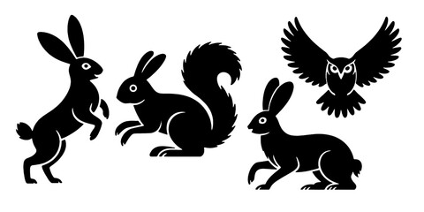 Obraz premium Animal Silhouette Set with Rabbits, Squirrel and Owl – Minimal Black Woodland Animal Shapes Collection for Logo Design, Craft Projects, Laser Cutting, Stickers and Nature Illustrations