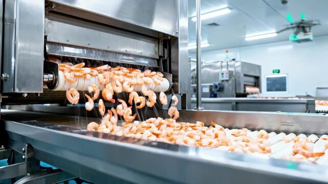 Medium shot of IQF tunnel line rapidly freezing small shrimp pieces on a conveyor belt under bright industrial lighting in a modern seafood processing plant.