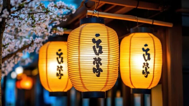 Illuminated paper lanterns hang with script in front of blurred cityscape, blossom flowers, and nighttime hues